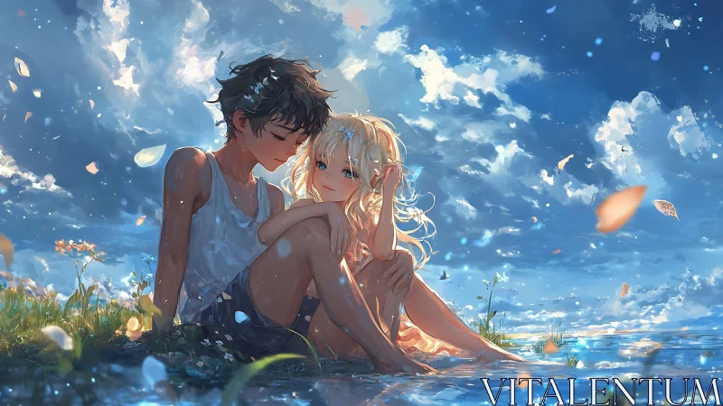 Summer lakeside embrace under luminous blue sky.