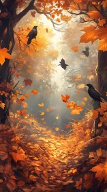 Golden forest path with watchful crows and swirling leaves.
