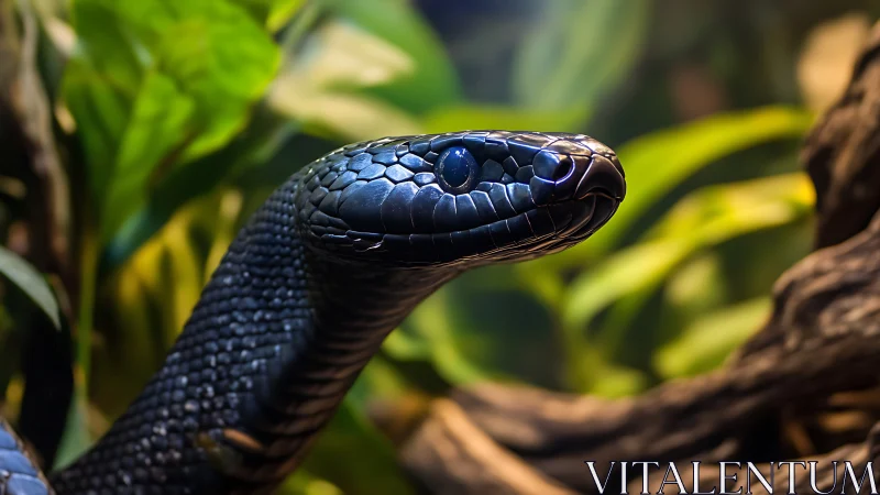Close view of glossy black snake head in foliage habitat.