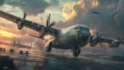 Military cargo aircraft powers across wet runway at dusk