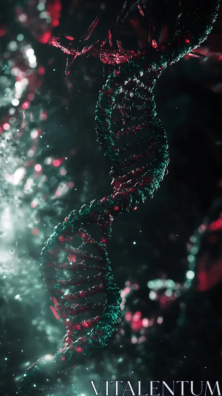 Glowing DNA helix floats in luminous teal and crimson space.