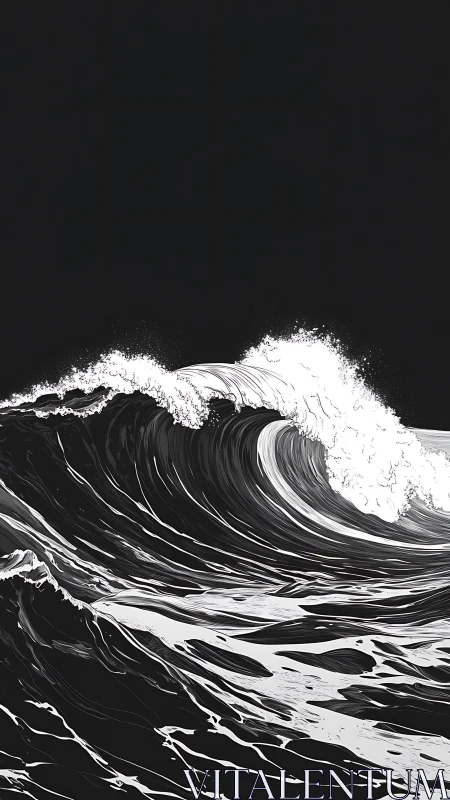 Black and white illustration of a powerful breaking wave.