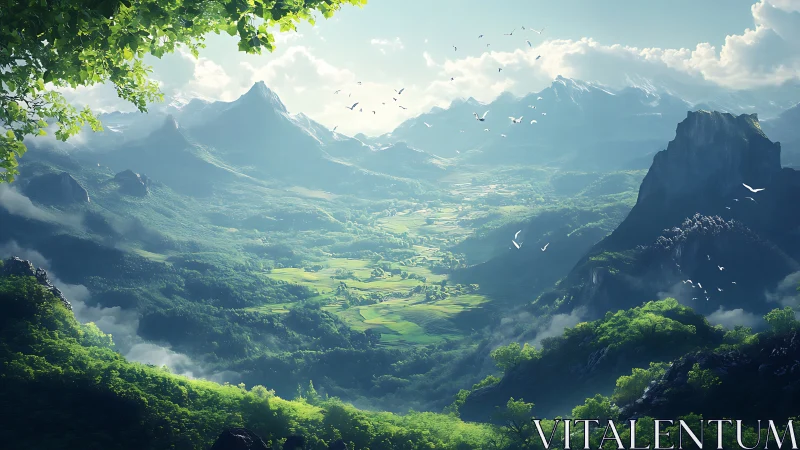 Sunlit valley landscape under towering alpine peaks.