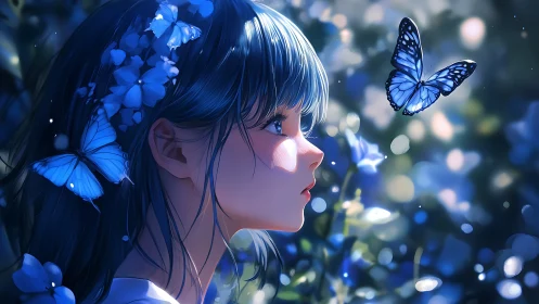 Blue haired anime girl watching glowing butterflies at dusk.