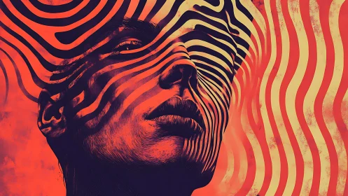 Striped portrait distorts human face with vivid waves