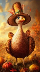 Stylized bird figure wearing oversized hat in autumn setting.