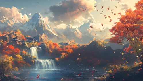 Autumn waterfalls serenade temples beneath storybook peaks