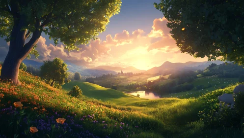 Sunlit valley meadow overlooks tranquil river and castle.