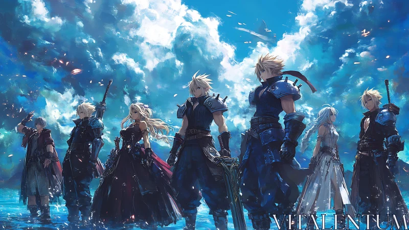 Multiple armored swordsmen stand in shallow water under dynamic clouds