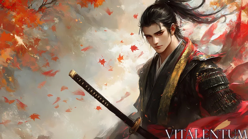 Autumn katana duelist amid dynamic brushwork dispersion.