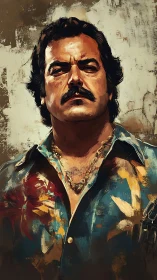Middle-aged man in patterned shirt, stylized portrait painting.