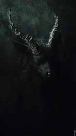 Horned shadow beast emerges from abyssal emerald dark.