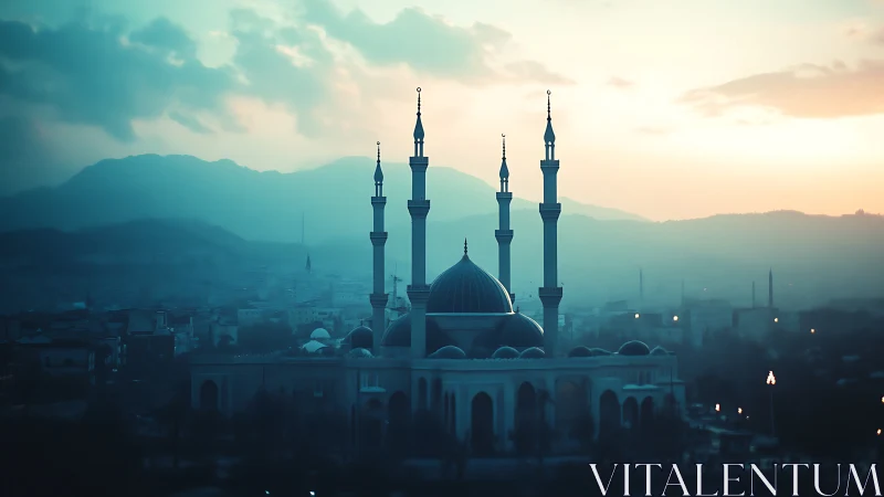 Skyline minarets drinking dawn light above misty mountains.