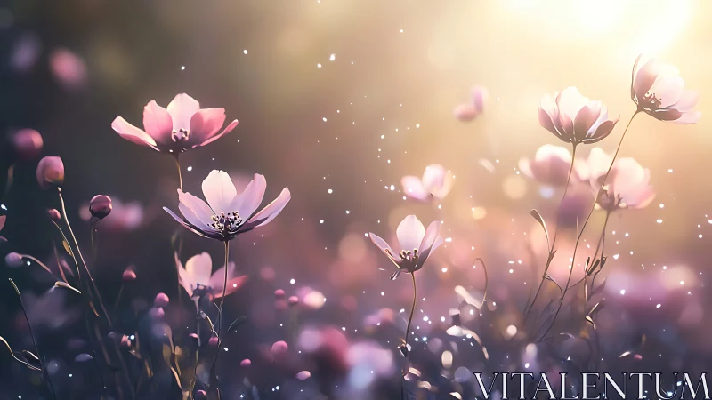Ethereal Pink Cosmos Flowers Bathed in Golden Sunlight.