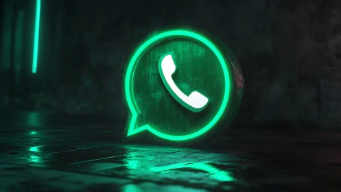 Neon WhatsApp call icon glowing on wet dark floor.