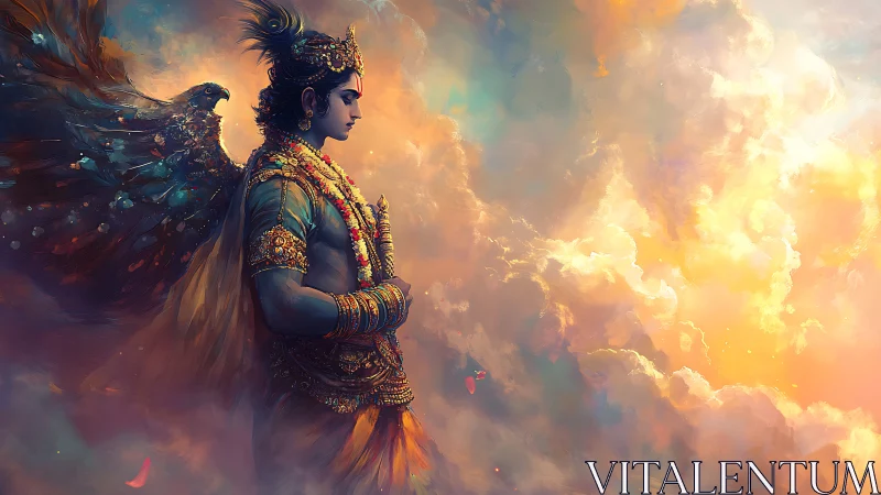 Sunlit sky guardian crowned in gold and iridescent feathers.