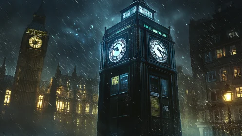 Rain-soaked London clock tower glows with quiet mystery