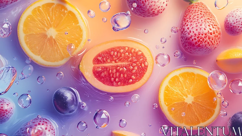 Citrus and berries in water with floating droplets.