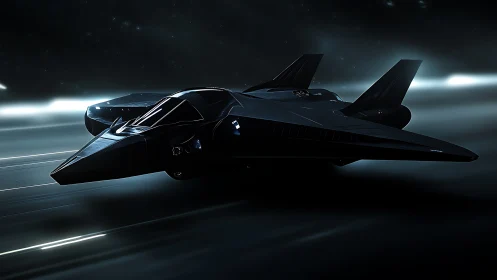 Stealth starfighter streaks through deep space corridor.