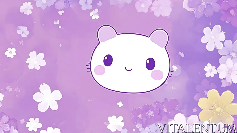 Anime pastel mascot head on floral lavender gradient field.