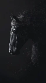 Midnight horse portrait wrapped in soft swirling shadows.