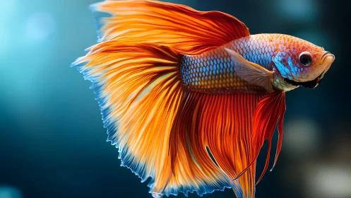 Orange betta fish glides through deep blue aquarium water