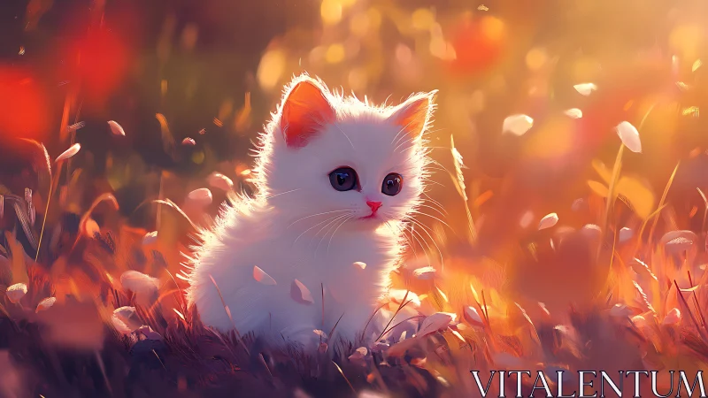 White Kitten in Golden Sunset Field.