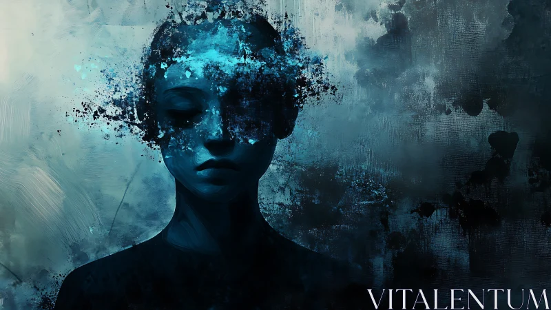 Shimmering blue portrait gently dissolves into quiet mist