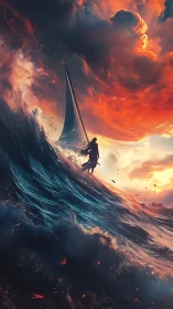 Solitary sailor rides a towering wave beneath burning skies