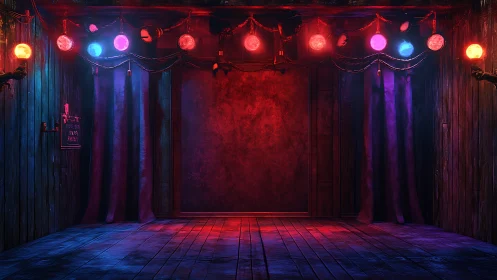 Empty wooden stage under colored theater spotlights at night.