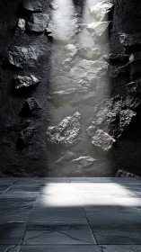 Silent stone chamber kissed by a falling ribbon of light.