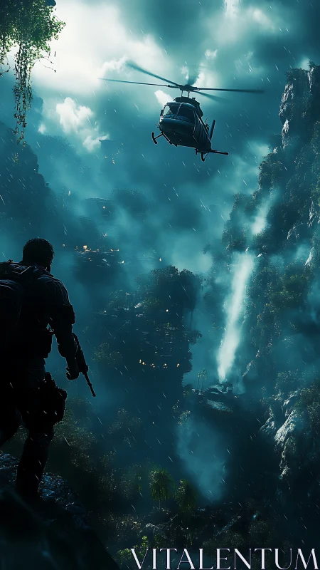 Storm-born descent over neon jungle ravine stronghold.