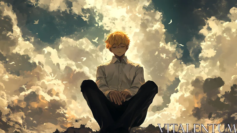 Golden dreamer drifts above a storm of painted clouds.