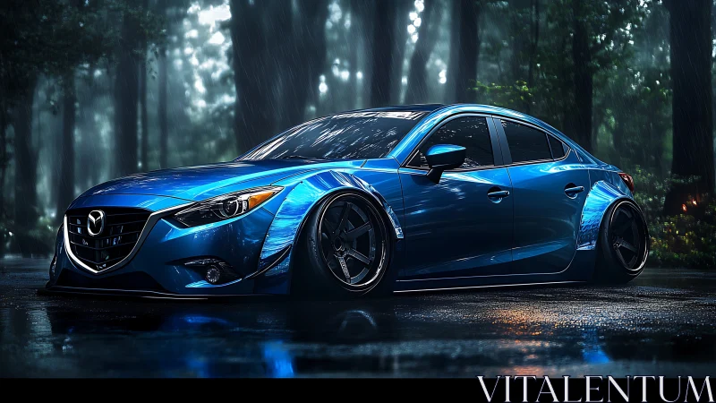 Low-slung blue sedan gleaming on wet forest road at night.