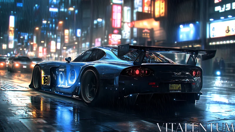 Cyber-noir tuner car idles under neon rain in night cityscape