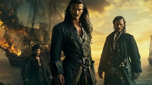 Cinematic pirate command under burning frigate sunset skies.