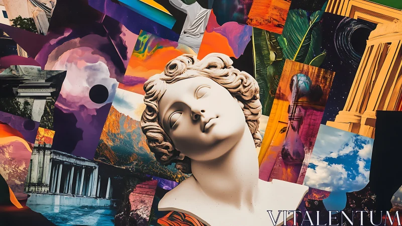 Dreamy marble statue drifts through a vibrant collage of worlds