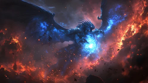 Ice dragon unleashes blue energy over burning volcanic chasm