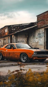 Vintage orange muscle car rests beside weathered warehouse.