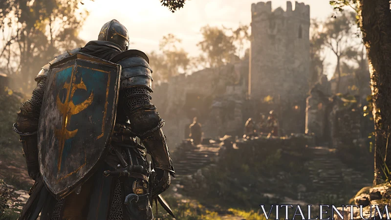 Sunlit armored knight quietly approaches an ancient stone fortress