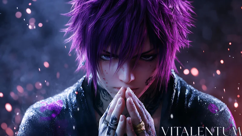 Brooding violet warrior gathers firelit resolve in silence.