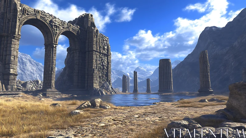 Ruined stone gateways guarding a silent mountain lake.