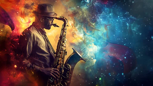 Jazz saxophonist silhouettes against swirling cosmic nebula