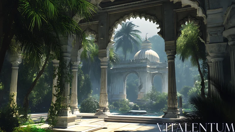 Sunlit domed pavilion framed by ornate stone colonnade