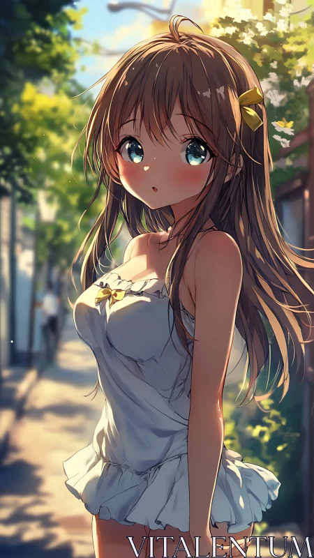 Sunlit anime girl in shallow-depth summer streetscape rendering.