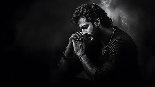 Brooding male portrait in dramatic monochrome light study.