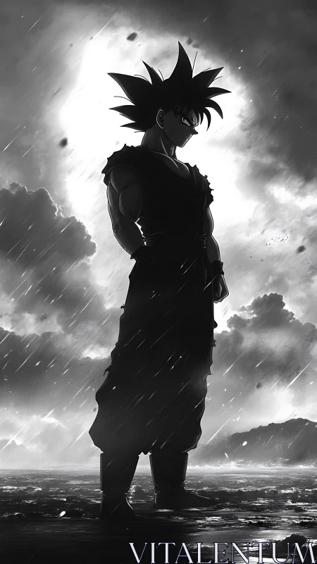 Silhouetted anime warrior figure in stormy coastal rain.