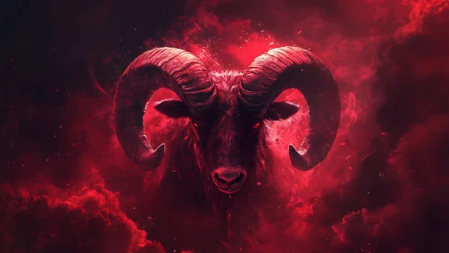 Ram head with curved horns in dense red smoke field.