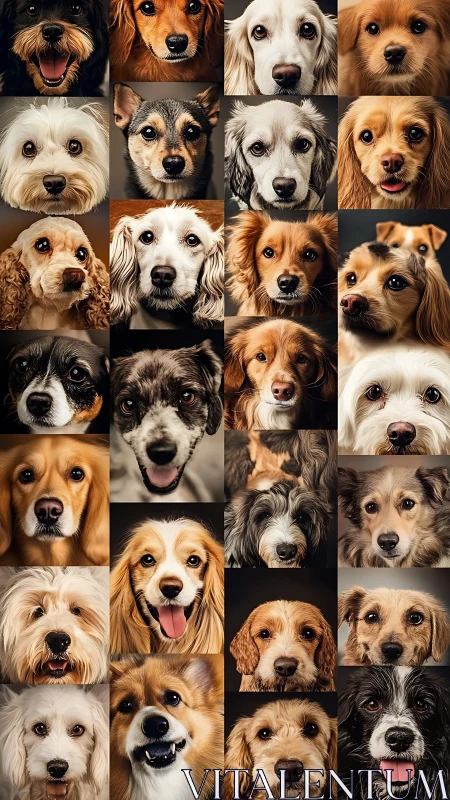 Photorealistic canine portrait grid with symmetrical close-ups.