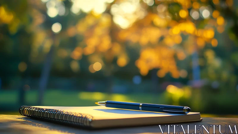 Spiral notebook and pen lie on table in soft outdoor light